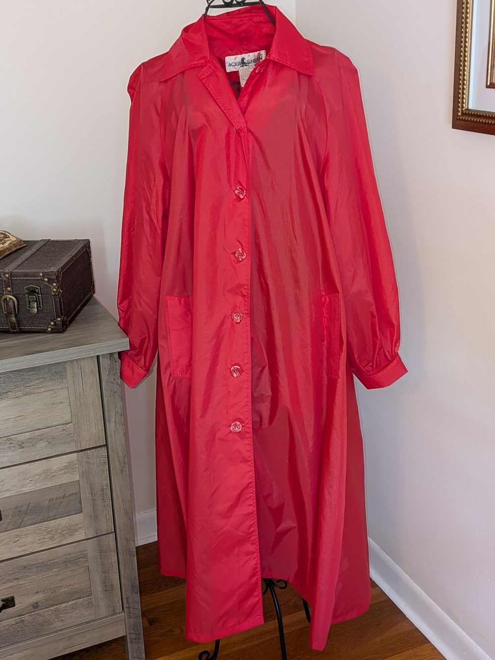 Vintage Aqua Sheen Hot Pink Nylon Raincoat Trench Duster Coat S